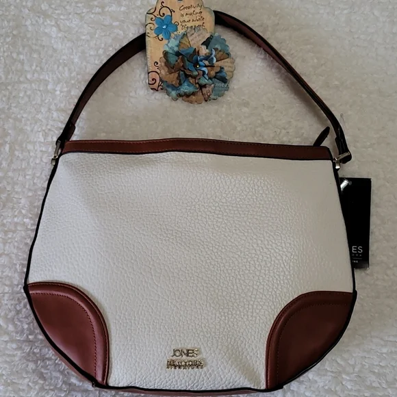 NEW Shoulder Bag Jones New York Signature Color Block Pebbled Ivory Faux Leather