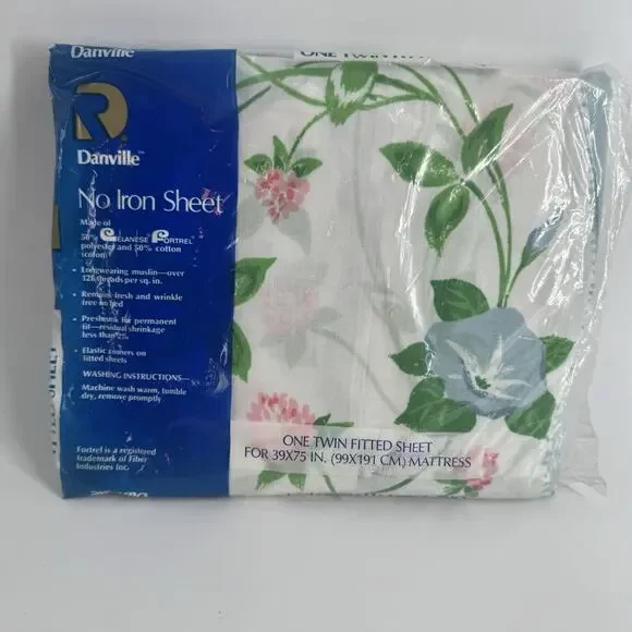 Vtg Danville Twin Fitted Sheet NOS Pink Rose FLORAL White Blue Polyester Cotton