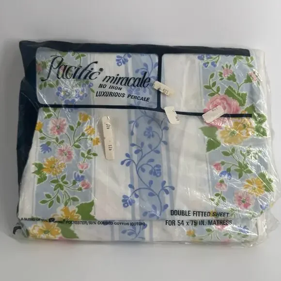 Pacific Miracale Double Fitted Sheet Paper Rose Floral BRAND NEW Vtg Linen NOS