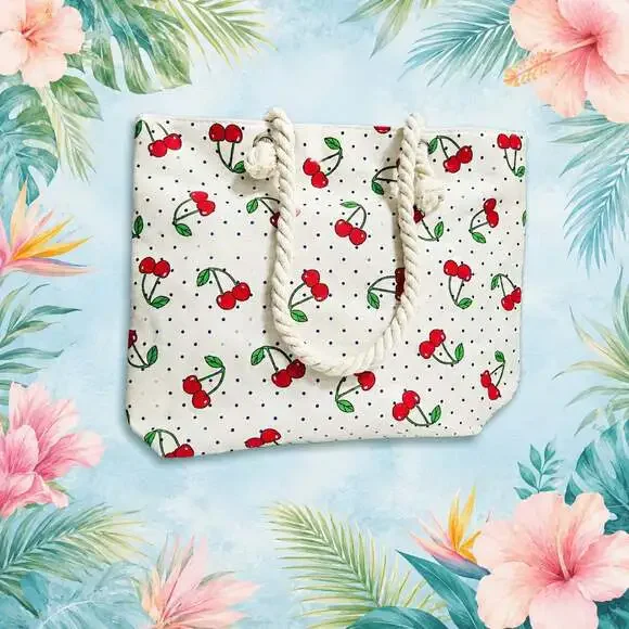 Cherry and Polka Dot Print Canvas Beach Tote Bag with Rope Handles