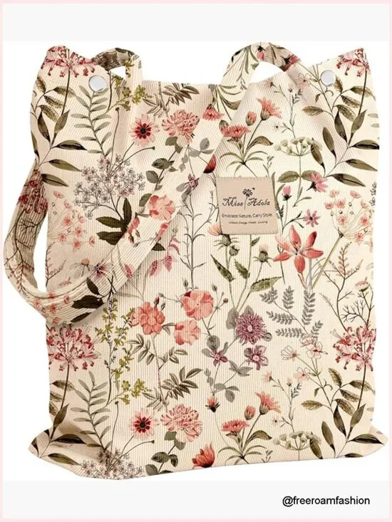Corduroy Tote Bag with Buckle - Large Capacity Reusable Shoulder Bag for Work