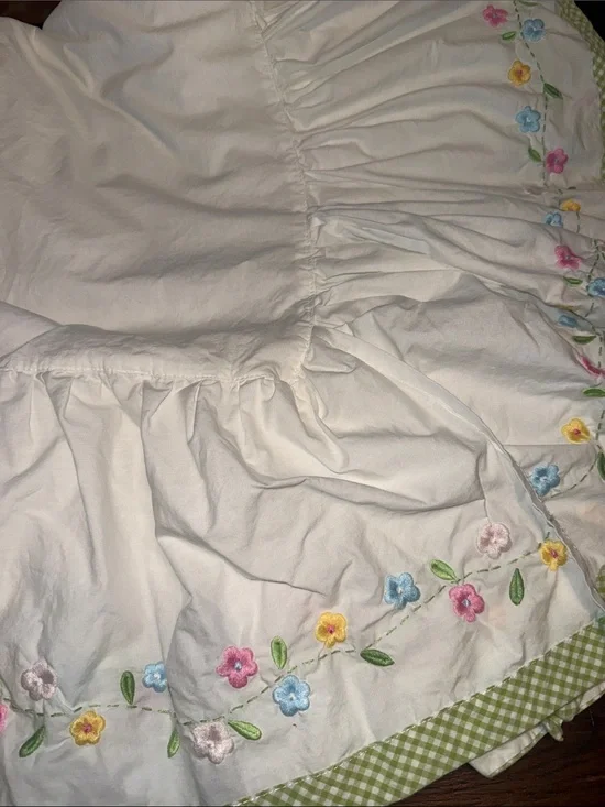Pottery Barn Kids Garden Party Skirted Bed Ruffle with Floral Embroidery