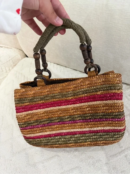 croft & barrow Woven Straw Tote in Natural, Olive & Pink