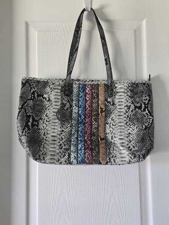 Snake-Print Tote with Multicolor Accent Stripes