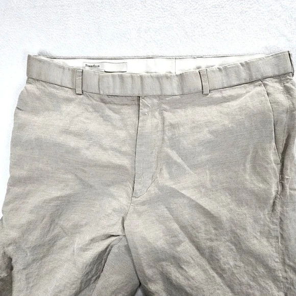 Perry Ellis Mens Beige Linen Tencel Blend Straight Leg Trousers 38x30