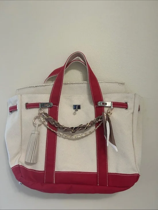 Boatkin Canvas Tote Bag with Red Trim and Tassel and chains