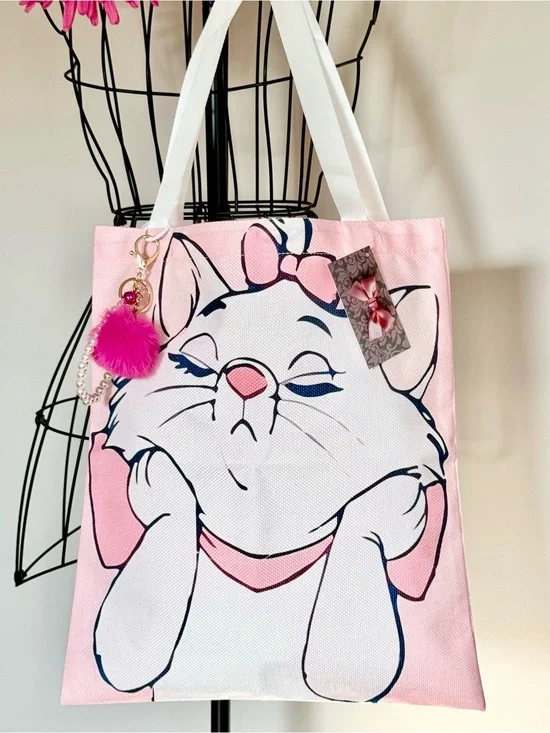 New Aristocats Marie White Cat Pink Shopping Bag Purse Tote w/ Charm - 16”