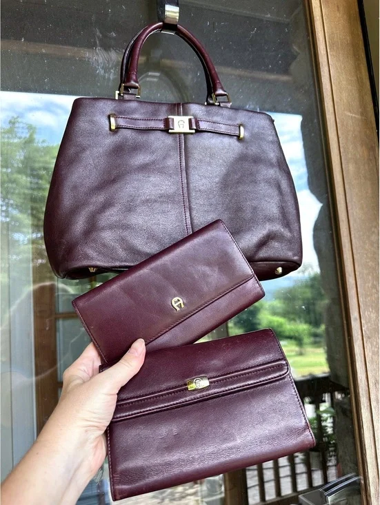 Vintage Etienne Aigner Leather Burgundy Satchel with 2 Wallets