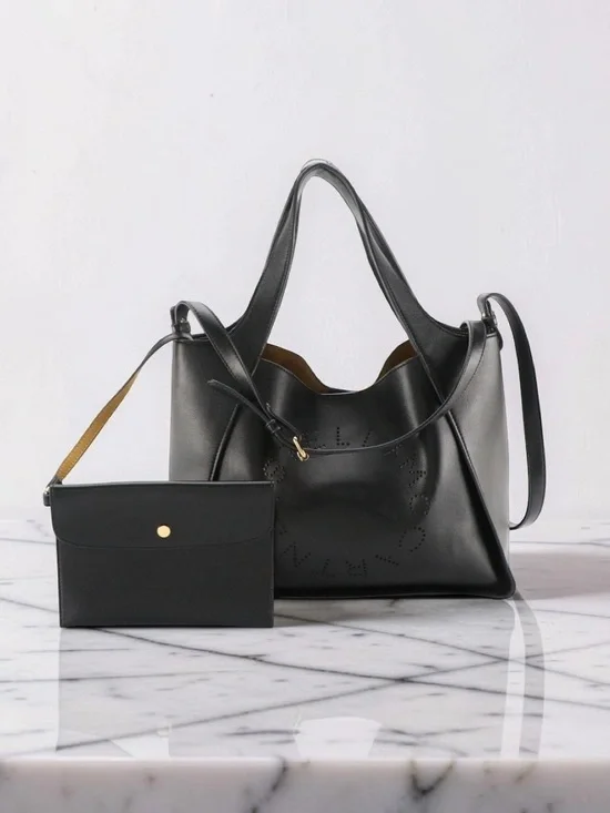 Stella McCartney Black Perforated Faux Leather Two-Way Tote Bag with Pouch