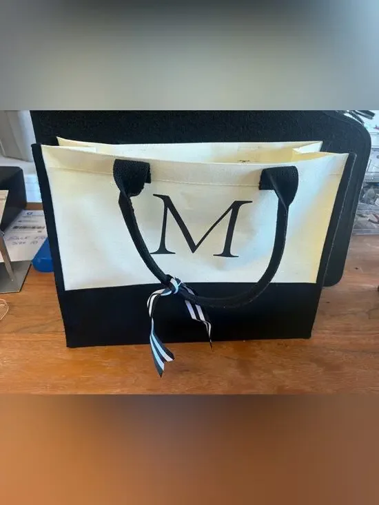 Monogram “M” Canvas Tote Bag Black Cream Reusable Shopper NWOT