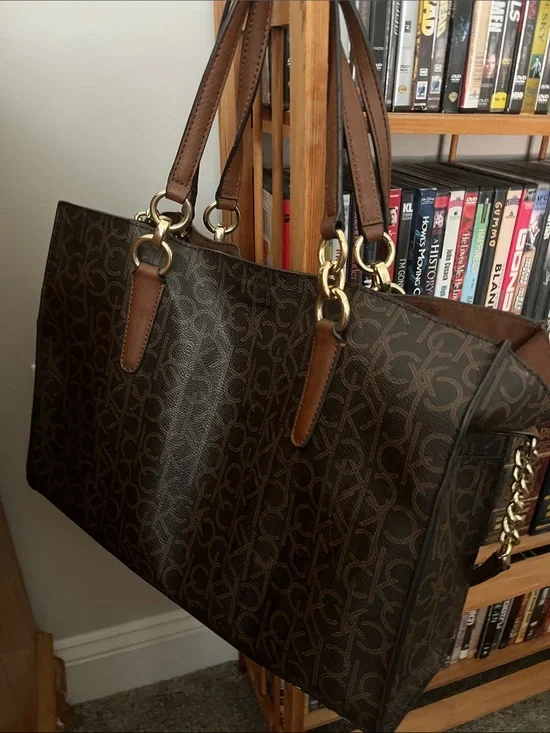 Calvin Klein Dark Brown Monogram Tote with Tan Trim like new