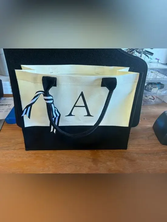 Monogram “A” Canvas Tote Bag Black Cream Reusable Shopper NWOT