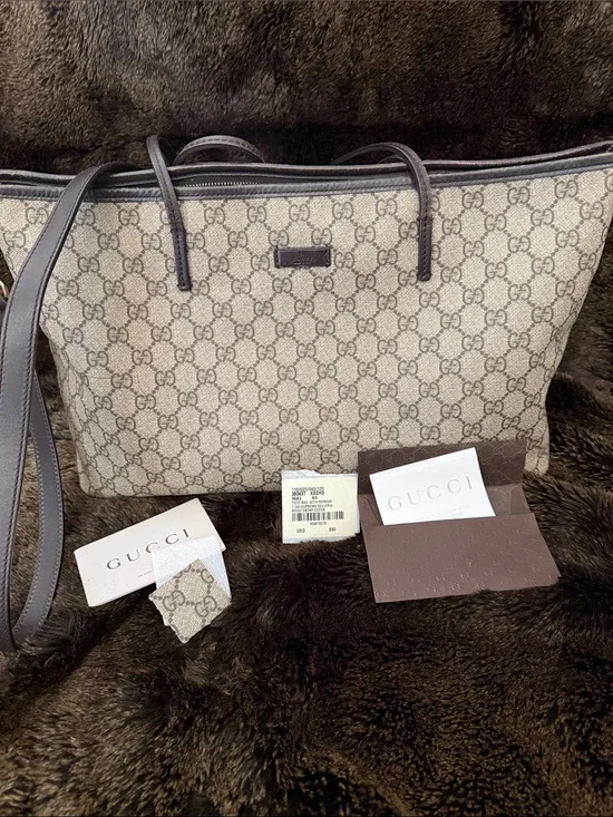 Gucci Beige GG Supreme Canvas Tote with Brown Trim