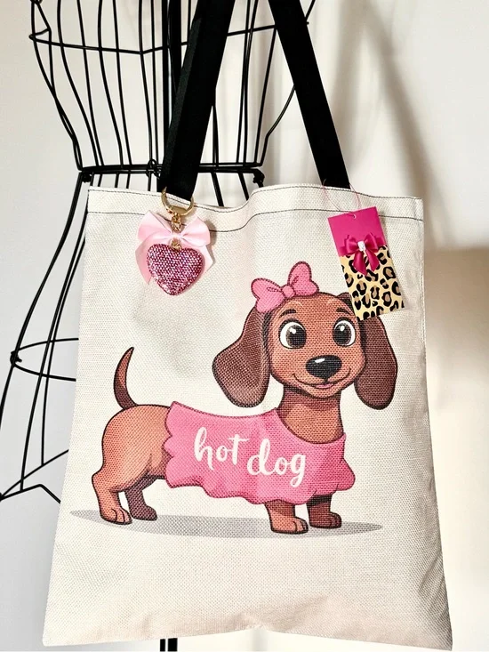 New Adorable Hot Dog Dachshund Shopping Bag Purse Tote w/ Pink Charm - 15.75”