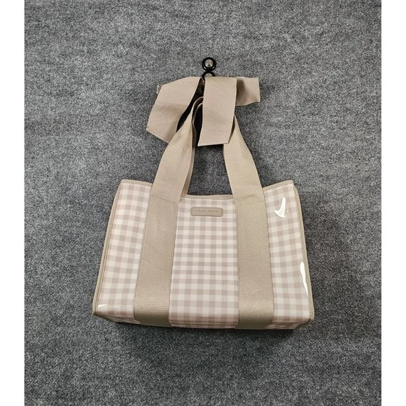 CASE-MATE Beige Gingham Jelly Tote Bag Canvas Handle Bow Accent Waterproof