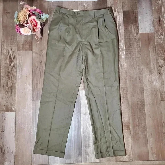 Men's Custom Tailored Cuffed Dress Pants Size 38x34 EUC Tan Beige Khaki
