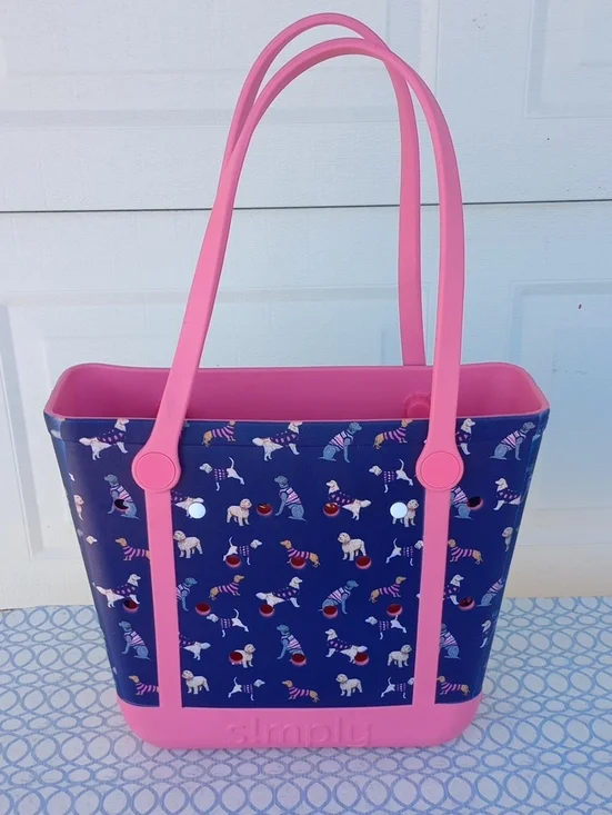 Simply Southern Dog Print Tote Bag • 29in Removable Handles • Navy & Pink • LG