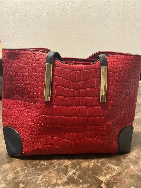 Red Croc-Embossed Tote Bag with Gold Accents