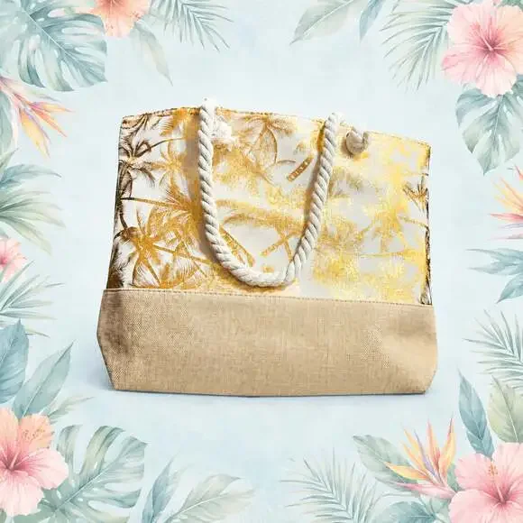 Gold Metallic Palm Tree Print Beach Tote Bag