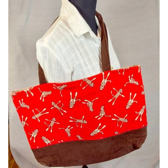 Handmade Sock Monkey Tote Bag, Red Brown Corduroy Bottom,‎ Organizer, Cute