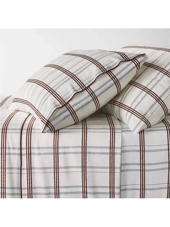 QUEEN 300 Count Contrast Merrow Edge Plaid Sheet Set - Threshold Studio McGee