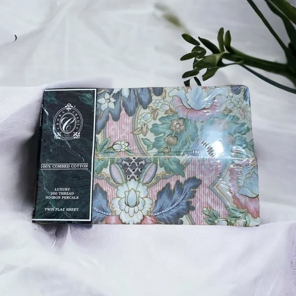Crown Crafts Milan Twin Flat Sheet NEW Floral 100% Combed Cotton Floral Green