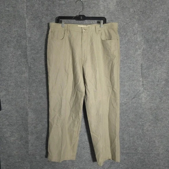 Perry Ellis America Pants Mens 38x30 Khaki Linen Cotton Blend Straight Chino