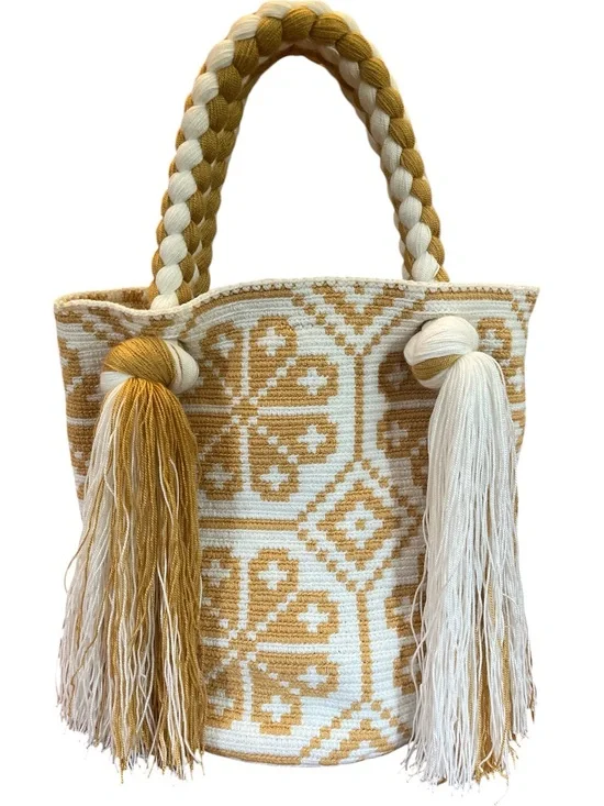 Wayuu Mochila bag Handwoven Tote Bag Cream & Mustard floral & Tassel design.