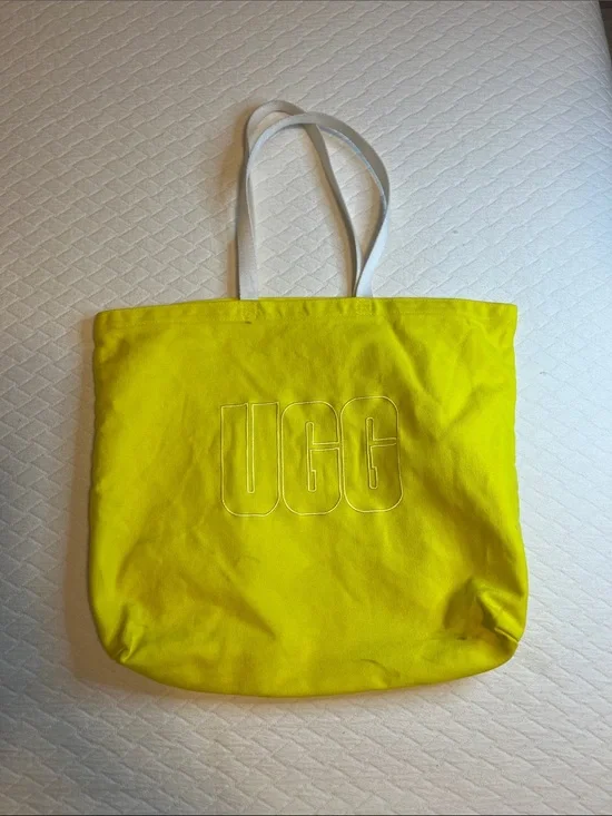 UGG Neon Yellow Cotton Canvas Tote with White Straps, 16 x 18”