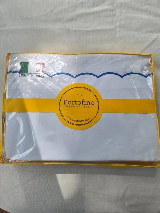 Portofino Embroidered Blue Scalloped KING Size Cotton Sheet Set Made in Italy