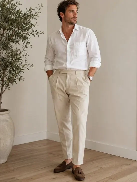 Berwich Italy Beige Stretch Pleated Chino Pants Men’s EU 48 US 32 Made in Italy