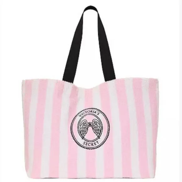 2026 NWT Victoria's Secret Angel Essentials Pink & White Stripe Terry Beach Tote