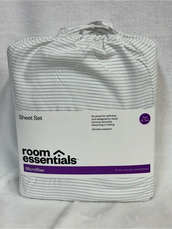 Room Essentials Twin/Twin XL White Gray Stripe Microfiber Sheet Set 3-Piece NEW