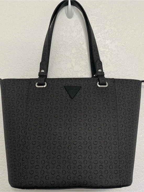 Guess Black Monogram Tote with Triangle Logo Accent