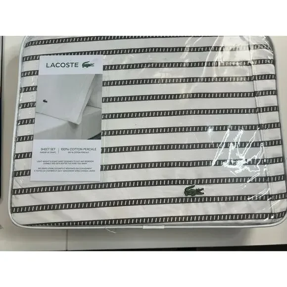 LaCoste Original Cotton Queen Size Sheet Set White/Dark Gray New