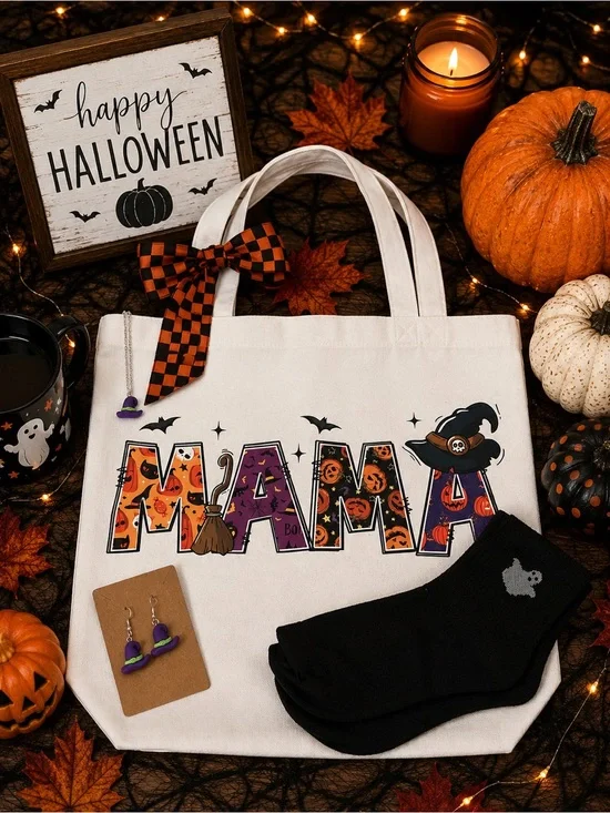Halloween MAMA Graphic Tote Bag Bundle - White with Orange & Purple Accents