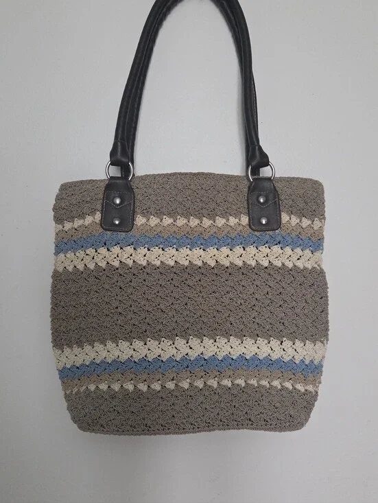 Woven Crochet Tote Bag with Blue & Cream Stripes