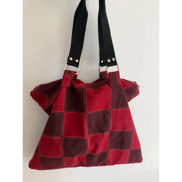 Burgundy Patchwork Tote Bag Faux Suede Plaid Shoulder Bag Fall Boho Purse