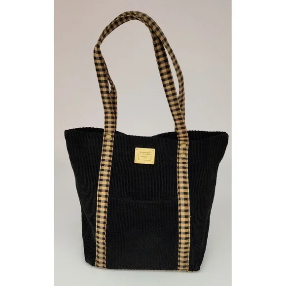 Longaberger Corduroy Tote Bag Small Black Khaki Gingham Hand Bag Purse EXC