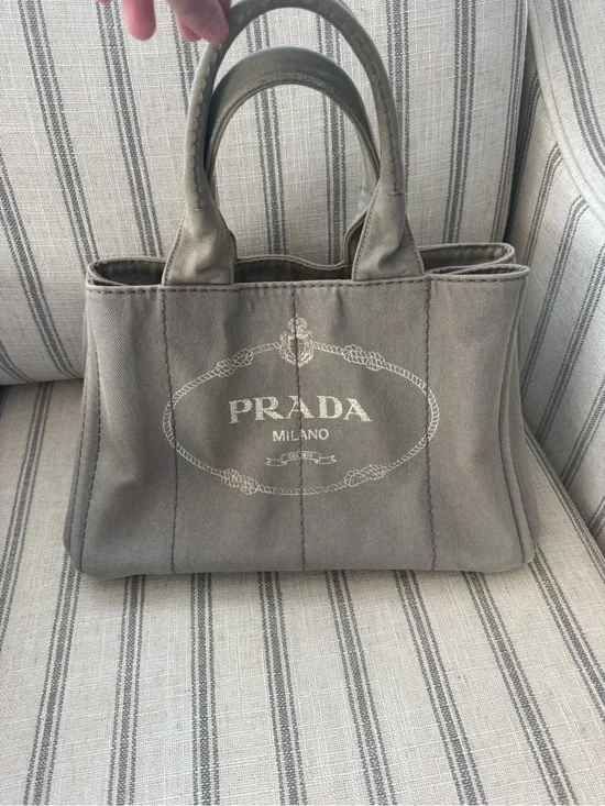 Prada Canvas Tote in Taupe Gray with White Logo
