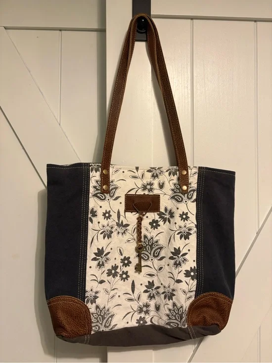 Myra Canvas Floral Tote Bag with Brown Leather Accents