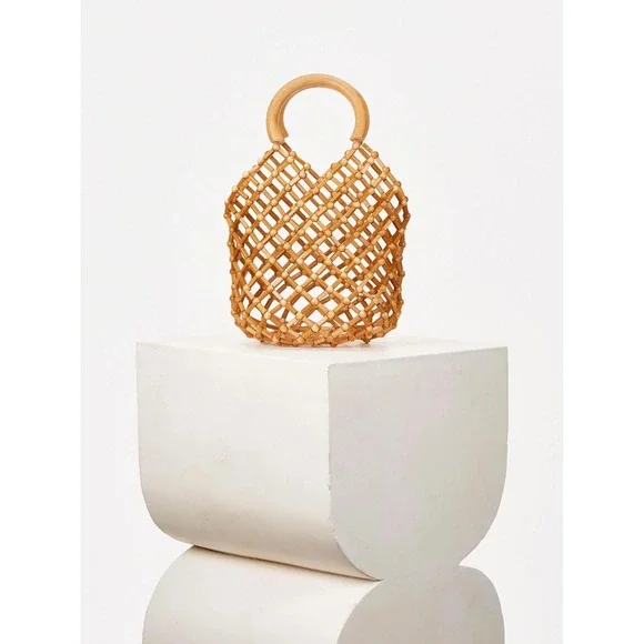 Cult Gaia Emmie Net Tote Bag Natural Bamboo Beaded Lattice Summer Handbag