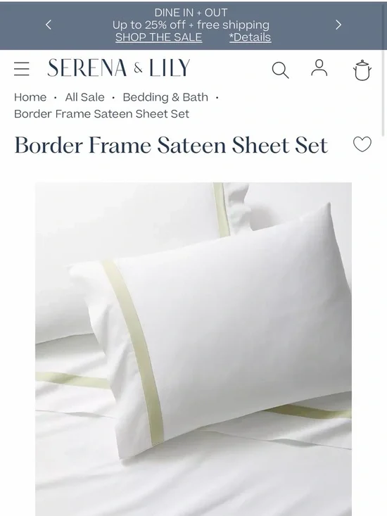 Serena & Lily White Sateen Sheet Set with Pale Green Border