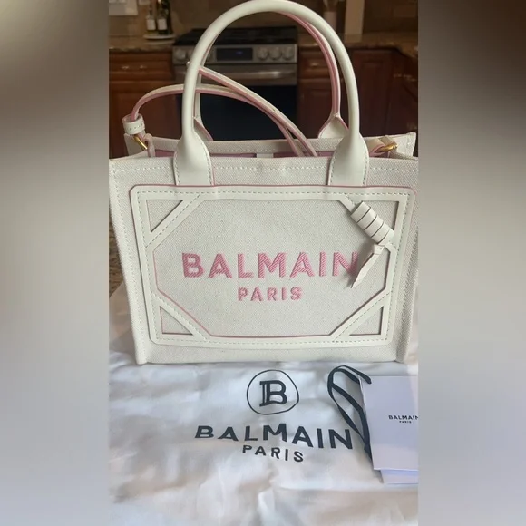 Authentic Balmain Paris Small B-Army Tote White Canvas Pink leather trim logo.