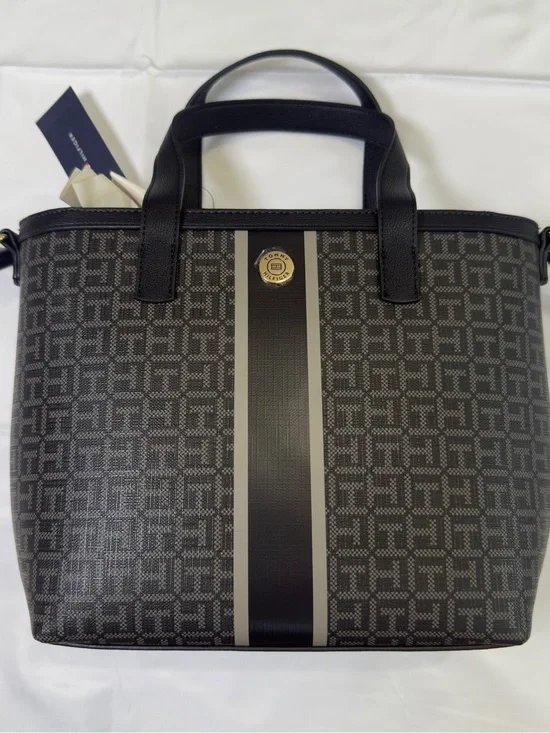 Tommy Hilfiger Black and Gray Monogram Tote with Center Stripe