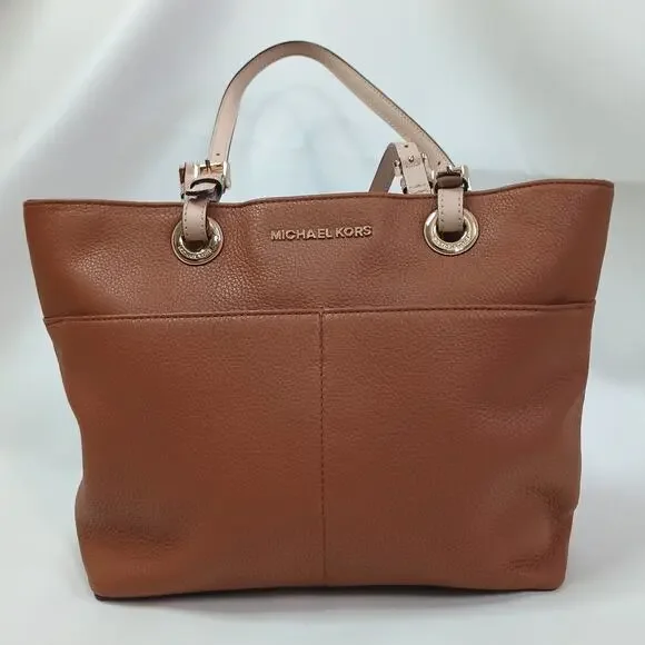 Michael Kors Bedford Pebbled Leather Tote Bag Brown Shoulder Pocket Purse Medium