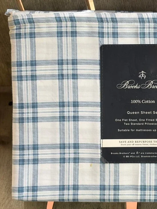 NEW Brooks Brothers Queen Size Cotton Sheet Set Blue / White Window Pane Plaid