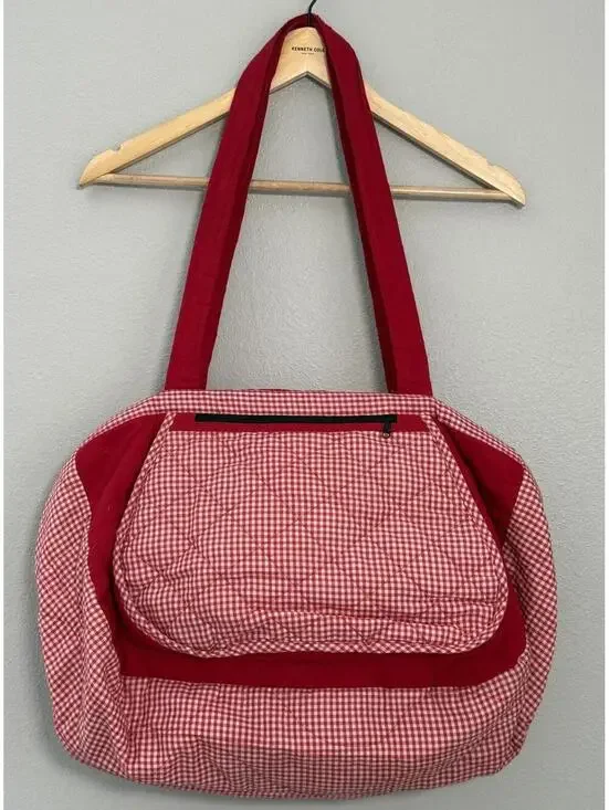 Handmade Gingham Market Tote Duffle Bag with Shoulder Strap
