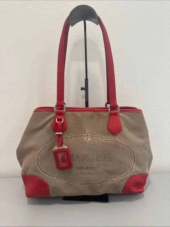 Prada Milano Canvas Tote with Red Leather Trim and Handles