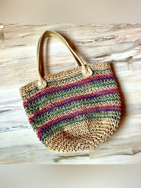 Handwoven Multicolor Straw Tote Bag - Neutral Tan & Rainbow Stripes